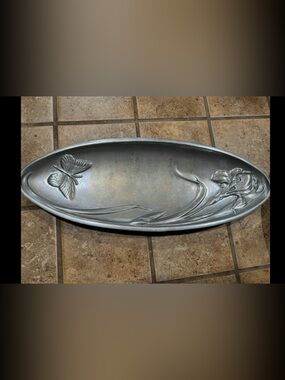 Vintage Lenox Ornate Silver-Gray Decorative Oval Tray with Floral & Butterfly